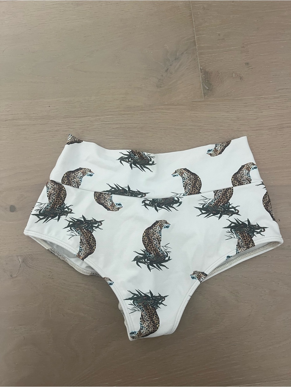 Montce White Bikini bottom with Leopard Print and Green Leaf Accents